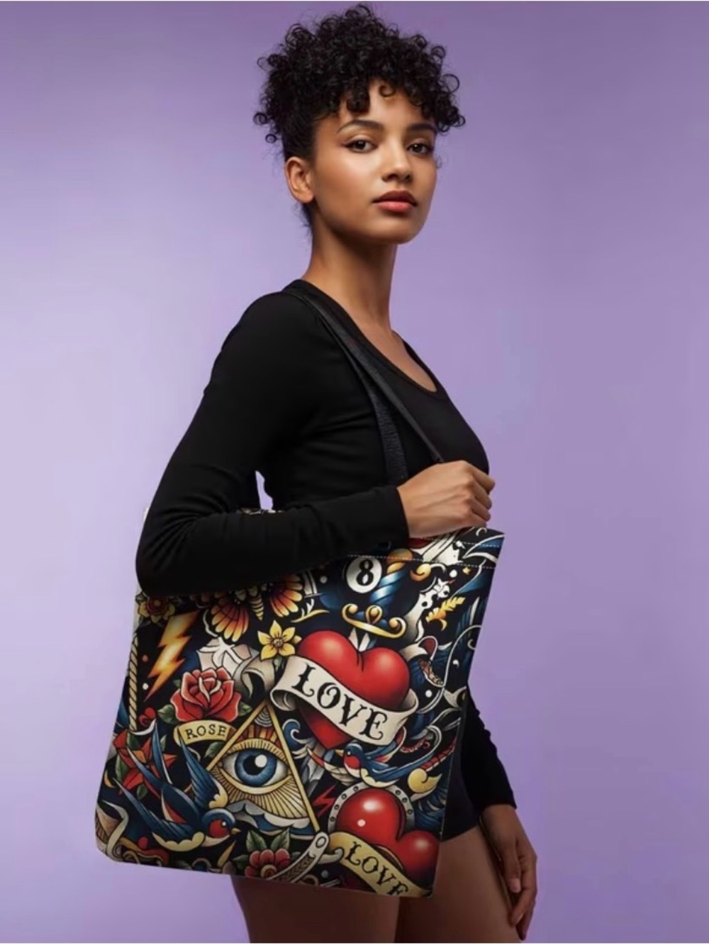 Tattoo-Print Heart & Rose Tote Bag - Black Multi